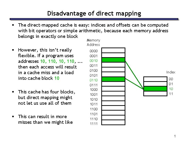 Disadvantage of direct mapping § The direct-mapped cache is easy: indices and offsets can