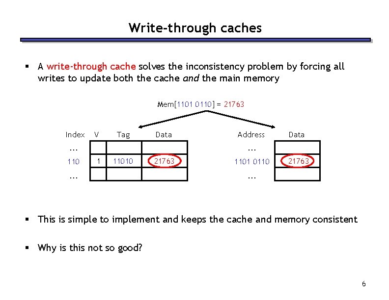 Write-through caches § A write-through cache solves the inconsistency problem by forcing all writes