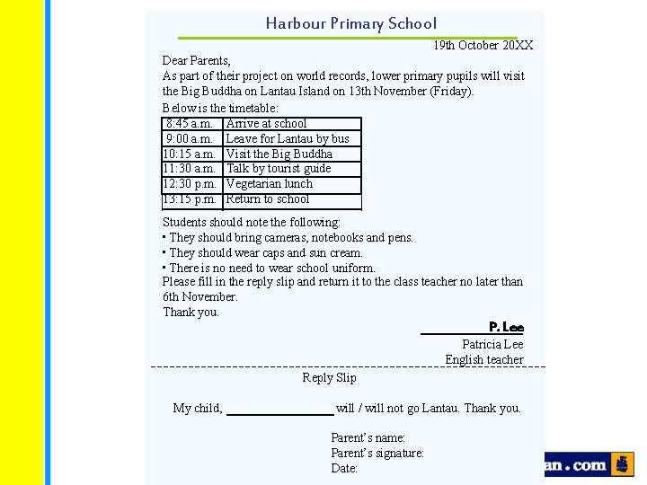 Harbour Primary School 19 th October 20 XX Dear Parents, As part of their