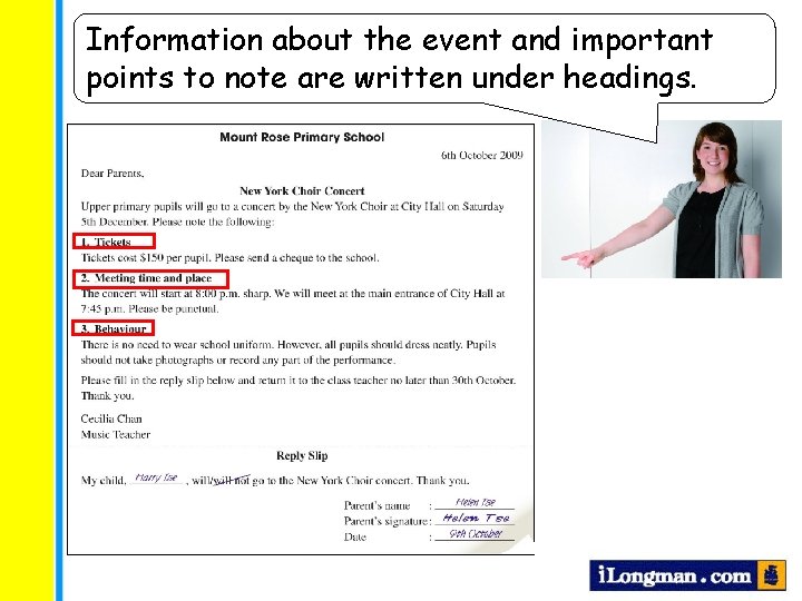 Information about the event and important points to note are written under headings. 