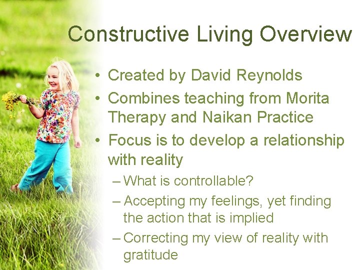 Constructive Living Overview • Created by David Reynolds • Combines teaching from Morita Therapy