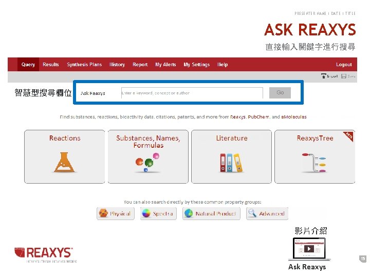 PRESENTER NAME | DATE | TITLE ASK REAXYS 直接輸入關鍵字進行搜尋 智慧型搜尋欄位 影片介紹 15 Ask Reaxys