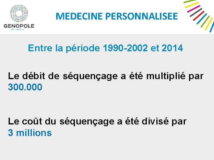 MEDECINE PERSONNALISEE Entre la période 1990 -2002 et 2014 Le débit de séquençage a