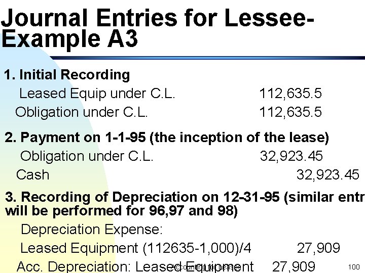 Journal Entries for Lessee. Example A 3 1. Initial Recording Leased Equip under C.