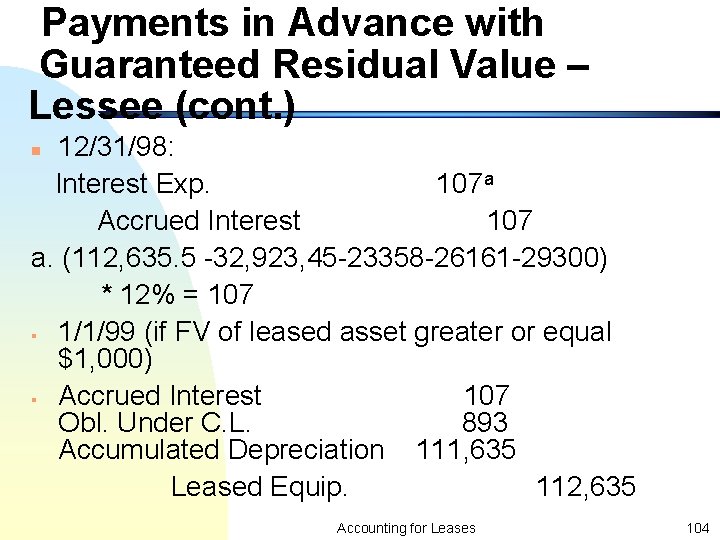 Payments in Advance with Guaranteed Residual Value – Lessee (cont. ) 12/31/98: Interest Exp.
