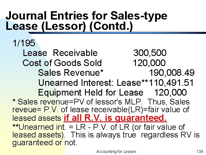 Journal Entries for Sales-type Lease (Lessor) (Contd. ) 1/195 Lease Receivable 300, 500 Cost