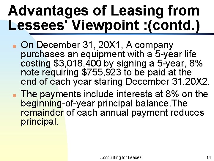 Advantages of Leasing from Lessees' Viewpoint : (contd. ) n n On December 31,