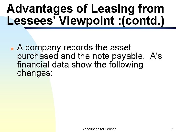 Advantages of Leasing from Lessees' Viewpoint : (contd. ) n A company records the