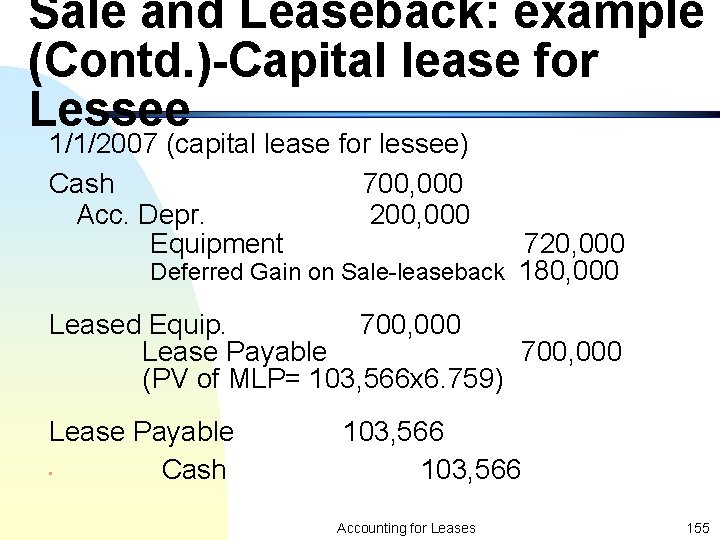 Sale and Leaseback: example (Contd. )-Capital lease for Lessee 1/1/2007 (capital lease for lessee)