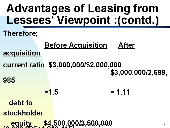 Advantages of Leasing from Lessees' Viewpoint : (contd. ) Therefore; acquisition Before Acquisition After