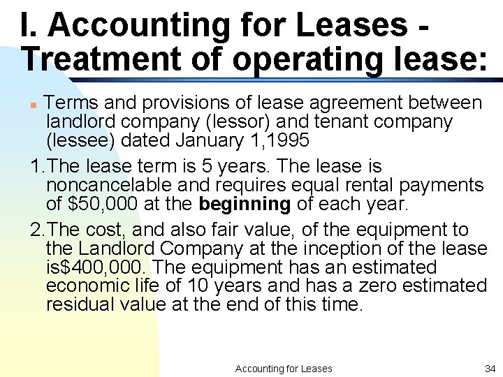 I. Accounting for Leases Treatment of operating lease: Terms and provisions of lease agreement
