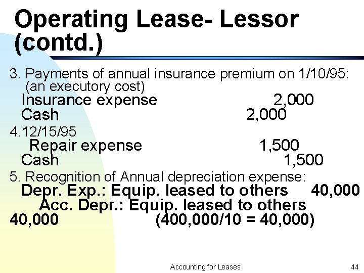 Operating Lease- Lessor (contd. ) 3. Payments of annual insurance premium on 1/10/95: (an