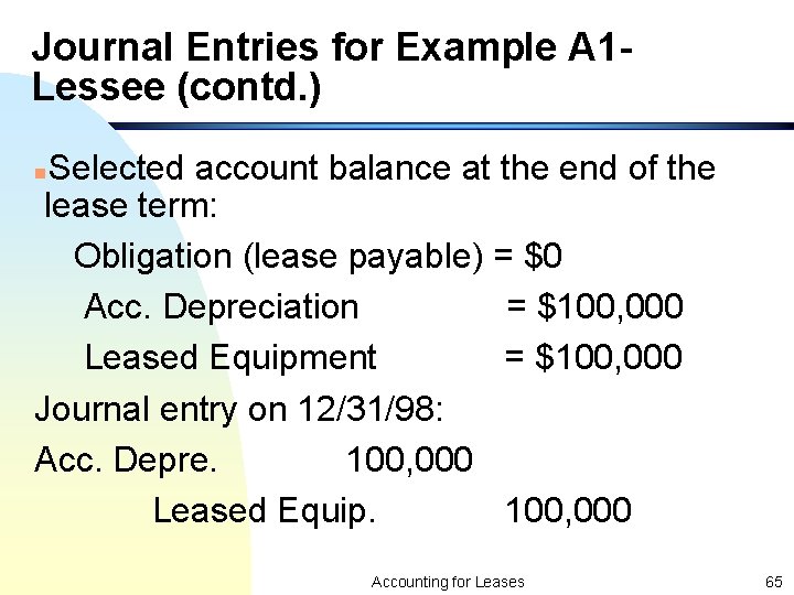 Journal Entries for Example A 1 Lessee (contd. ) Selected account balance at the