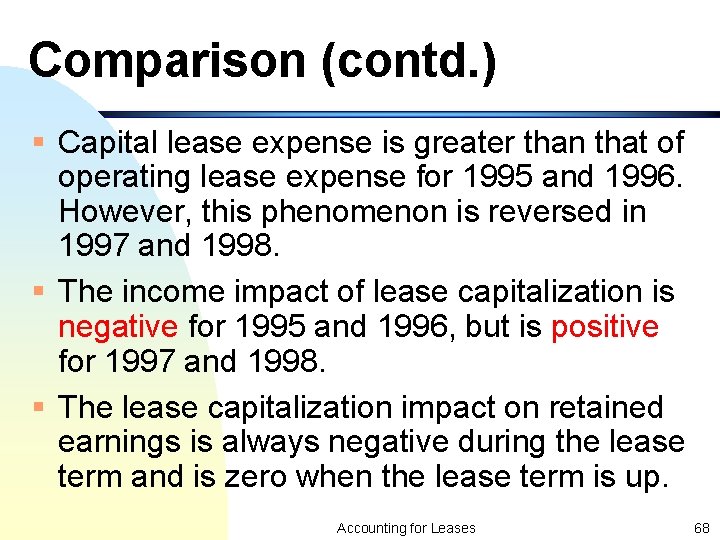 Comparison (contd. ) § Capital lease expense is greater than that of operating lease