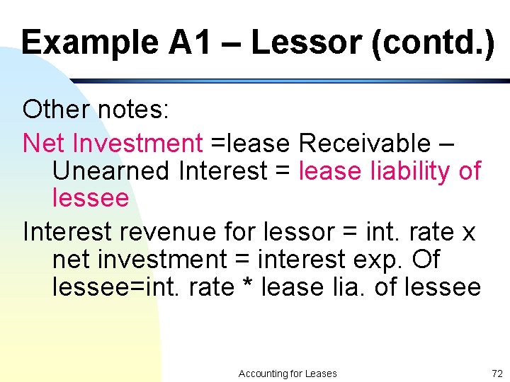 Example A 1 – Lessor (contd. ) Other notes: Net Investment =lease Receivable –