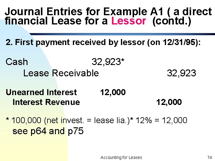 Journal Entries for Example A 1 ( a direct financial Lease for a Lessor