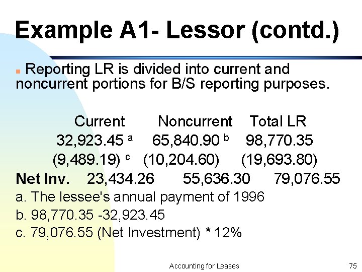 Example A 1 - Lessor (contd. ) Reporting LR is divided into current and