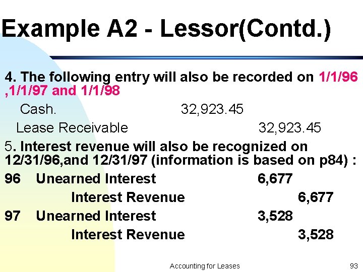 Example A 2 - Lessor(Contd. ) 4. The following entry will also be recorded