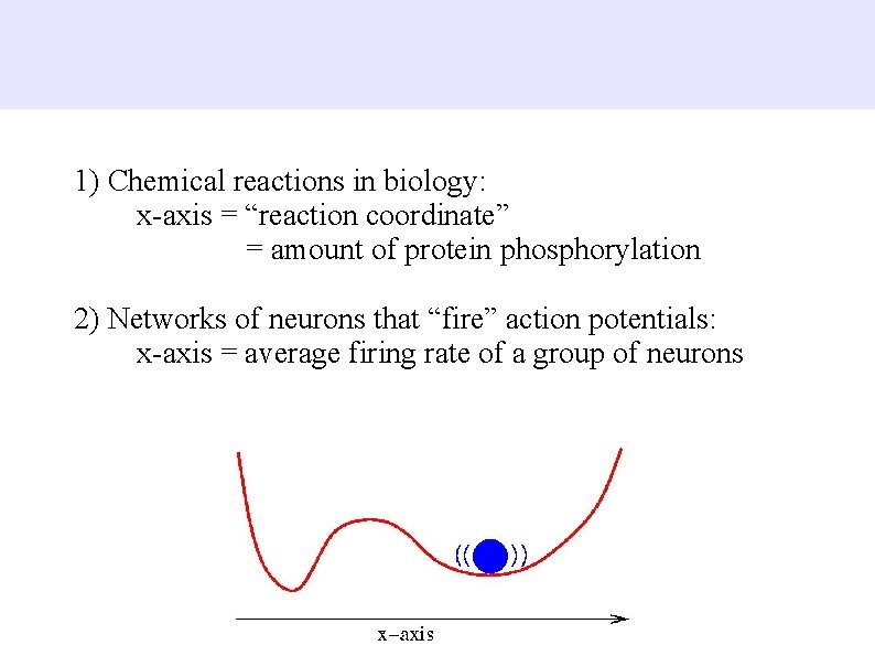 1) Chemical reactions in biology: x-axis = “reaction coordinate” = amount of protein phosphorylation