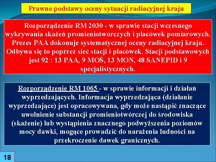 Prawne podstawy oceny sytuacji radiacyjnej kraju Rozporządzenie RM 2030 - w sprawie stacji wczesnego