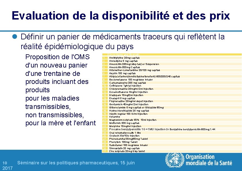 Evaluation de la disponibilité et des prix l Définir un panier de médicaments traceurs