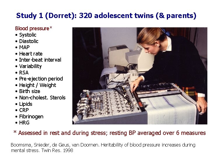 Study 1 (Dorret): 320 adolescent twins (& parents) Blood pressure* • Systolic • Diastolic