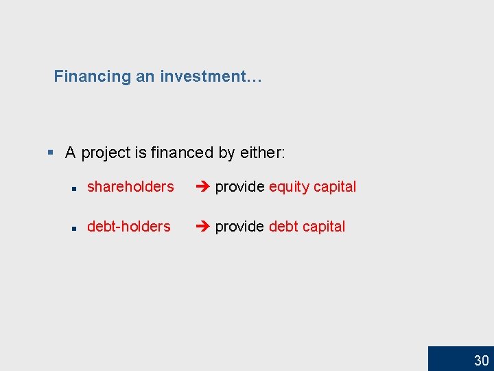 Financing an investment… § A project is financed by either: n shareholders provide equity