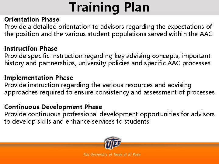 Training Plan Orientation Phase Provide a detailed orientation to advisors regarding the expectations of