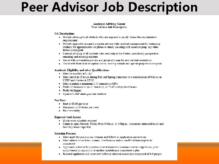 Peer Advisor Job Description 