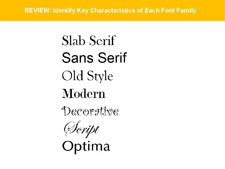 REVIEW: Identify Key Characteristics of Each Font Family REVIEW: Identify Key Characteristics of Each Font Family
