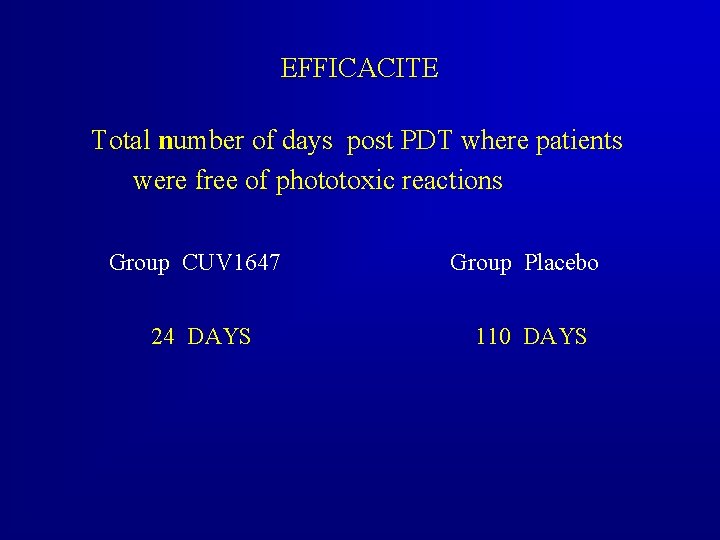EFFICACITE Total number of days post PDT where patients were free of phototoxic reactions
