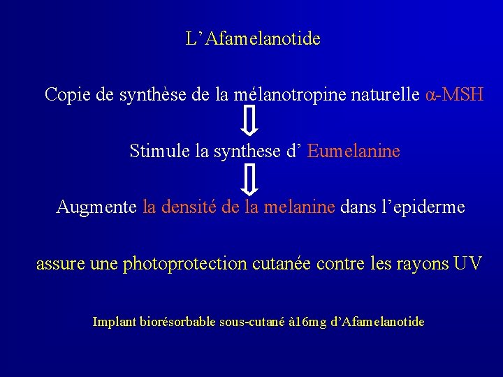 L’Afamelanotide Copie de synthèse de la mélanotropine naturelle α-MSH Stimule la synthese d’ Eumelanine