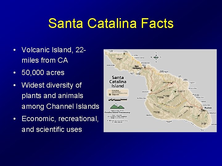 Santa Catalina Facts • Volcanic Island, 22 miles from CA • 50, 000 acres