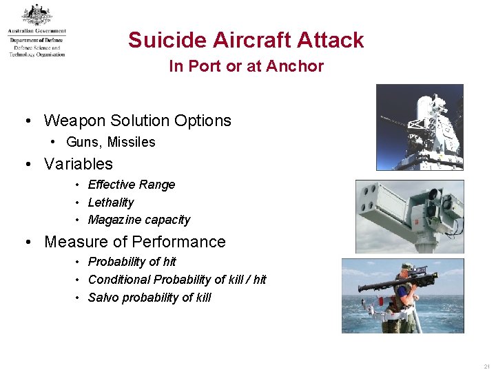 Suicide Aircraft Attack In Port or at Anchor • Weapon Solution Options • Guns, Suicide Aircraft Attack In Port or at Anchor • Weapon Solution Options • Guns,