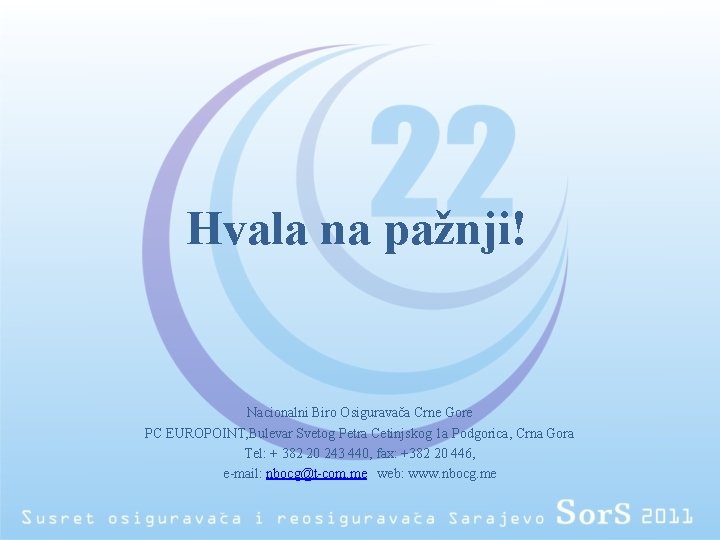 Hvala na pažnji! Nacionalni Biro Osiguravača Crne Gore PC EUROPOINT, Bulevar Svetog Petra Cetinjskog