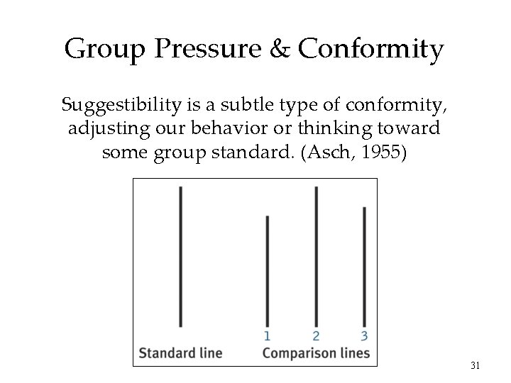 Group Pressure & Conformity Suggestibility is a subtle type of conformity, adjusting our behavior