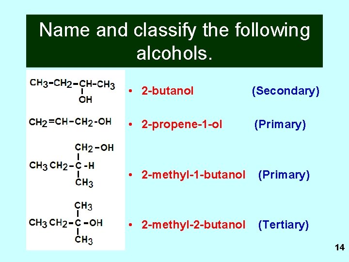 Name and classify the following alcohols. • 2 -butanol (Secondary) • 2 -propene-1 -ol