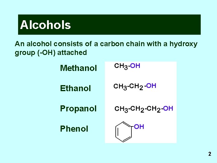 Alcohols An alcohol consists of a carbon chain with a hydroxy group (-OH) attached