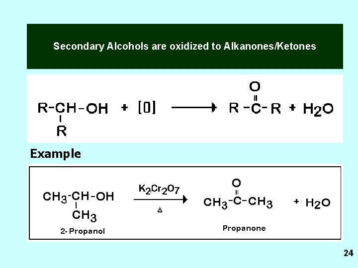 Secondary Alcohols are oxidized to Alkanones/Ketones Example 24 