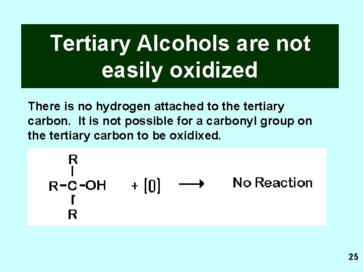 Tertiary Alcohols are not easily oxidized There is no hydrogen attached to the tertiary