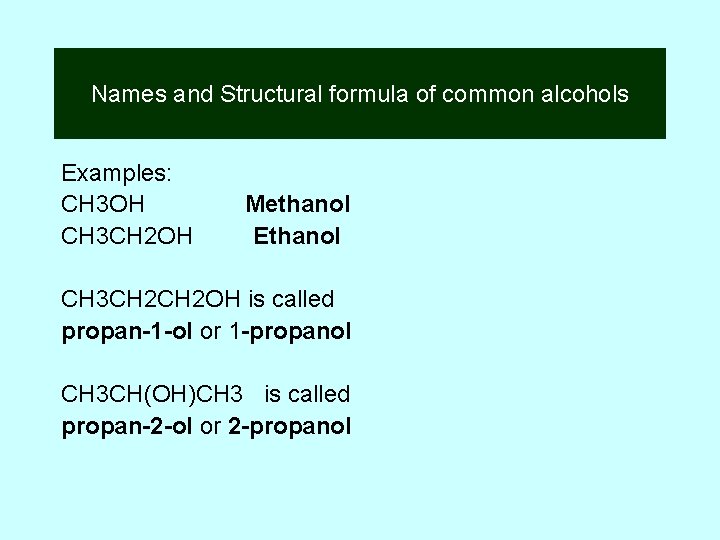 Names and Structural formula of common alcohols Examples: CH 3 OH Methanol CH 3