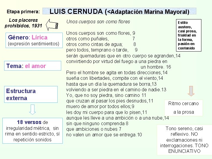 Etapa primera: LUIS CERNUDA (<Adaptación Marina Mayoral) Los placeres prohibidos, 1931 Género: Lírica (expresión