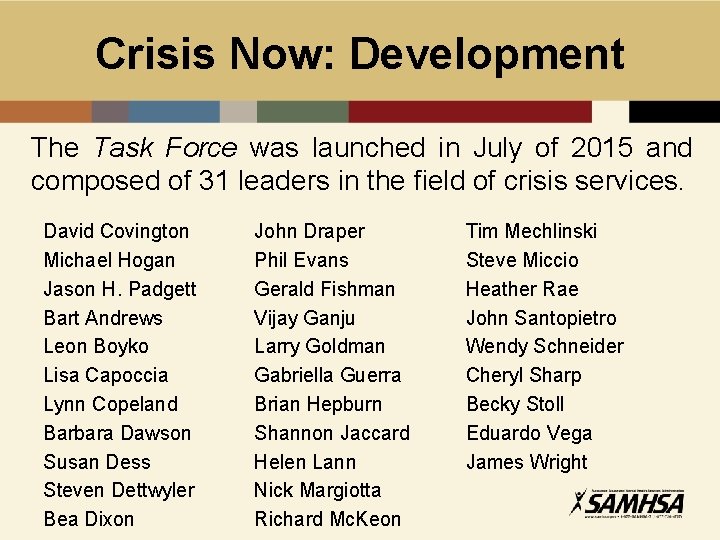 Crisis Now: Development The Task Force was launched in July of 2015 and composed