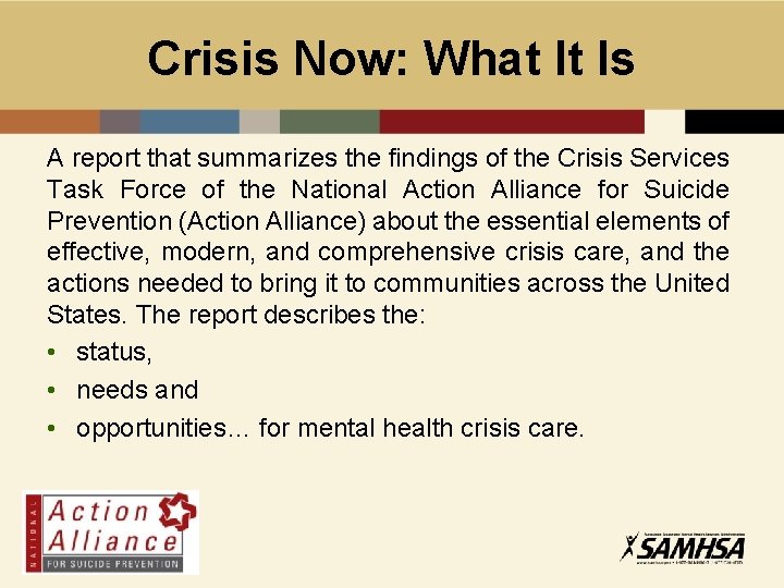 Crisis Now: What It Is A report that summarizes the findings of the Crisis