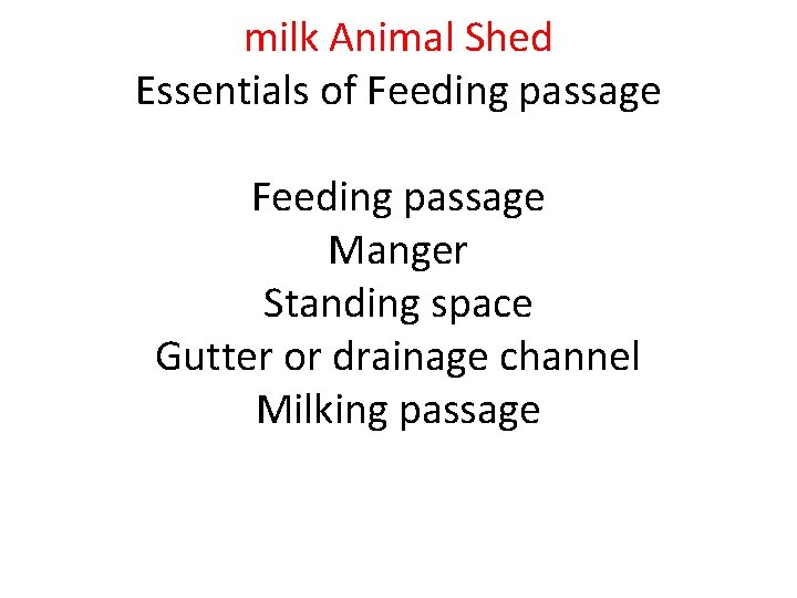 milk Animal Shed Essentials of Feeding passage Manger Standing space Gutter or drainage channel