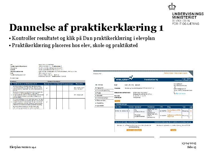 Dannelse af praktikerklæring 1 • Kontroller resultatet og klik på Dan praktikerklæring i elevplan