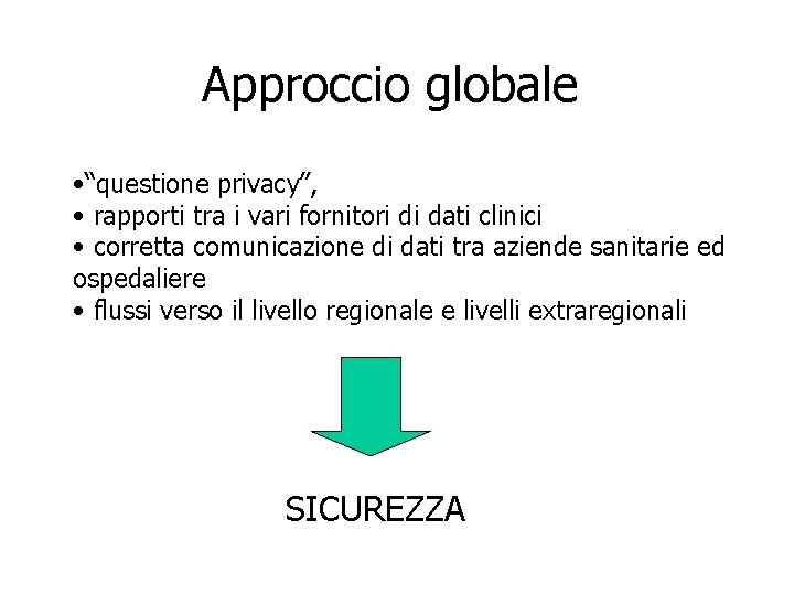 Approccio globale • “questione privacy”, • rapporti tra i vari fornitori di dati clinici Approccio globale • “questione privacy”, • rapporti tra i vari fornitori di dati clinici