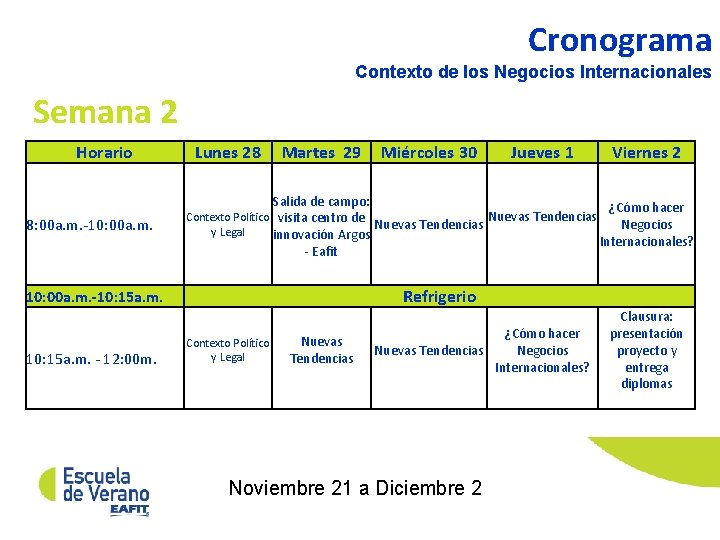 Cronograma Contexto de los Negocios Internacionales Semana 2 Horario 8: 00 a. m. -10: