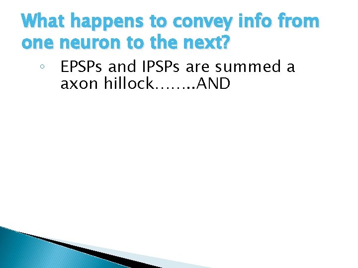 What happens to convey info from one neuron to the next? ◦ EPSPs and