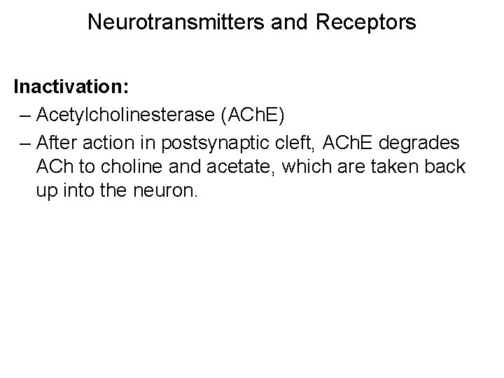 Neurotransmitters and Receptors Inactivation: – Acetylcholinesterase (ACh. E) – After action in postsynaptic cleft,